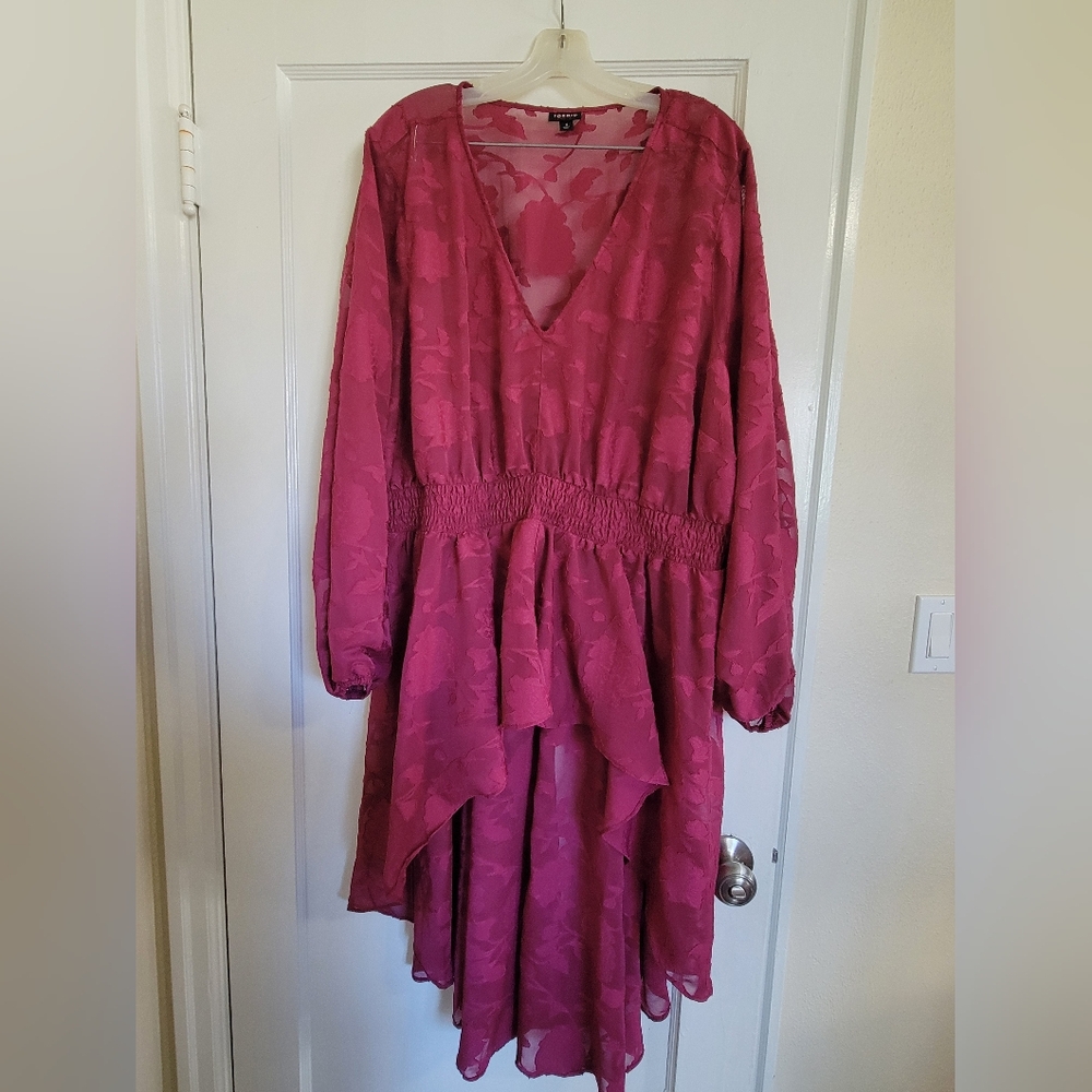 Torrid Wine Floral Burnout Chiffon High Low Sheer Smocked Waist Top Dress Sz 4
